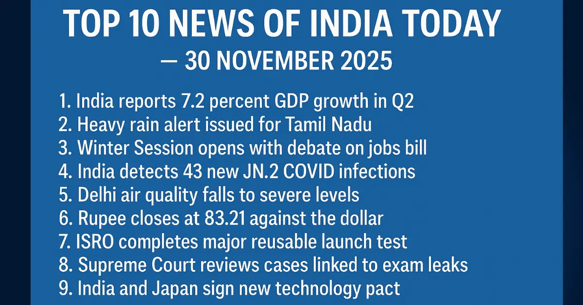 Top 10 News of India Today, 30 November 2025, Detailed National Updates You Should Read